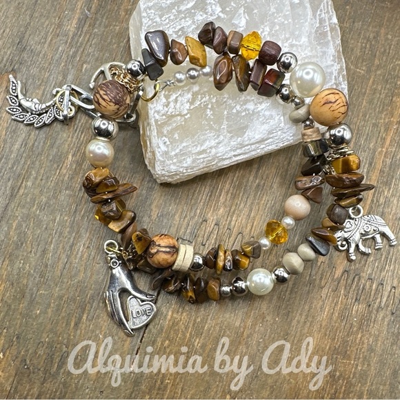 SILVER AND TIGERS EYE LAYERED WRAP AROUND CHARMS BEADED BRACELET - Picture 1 of 1